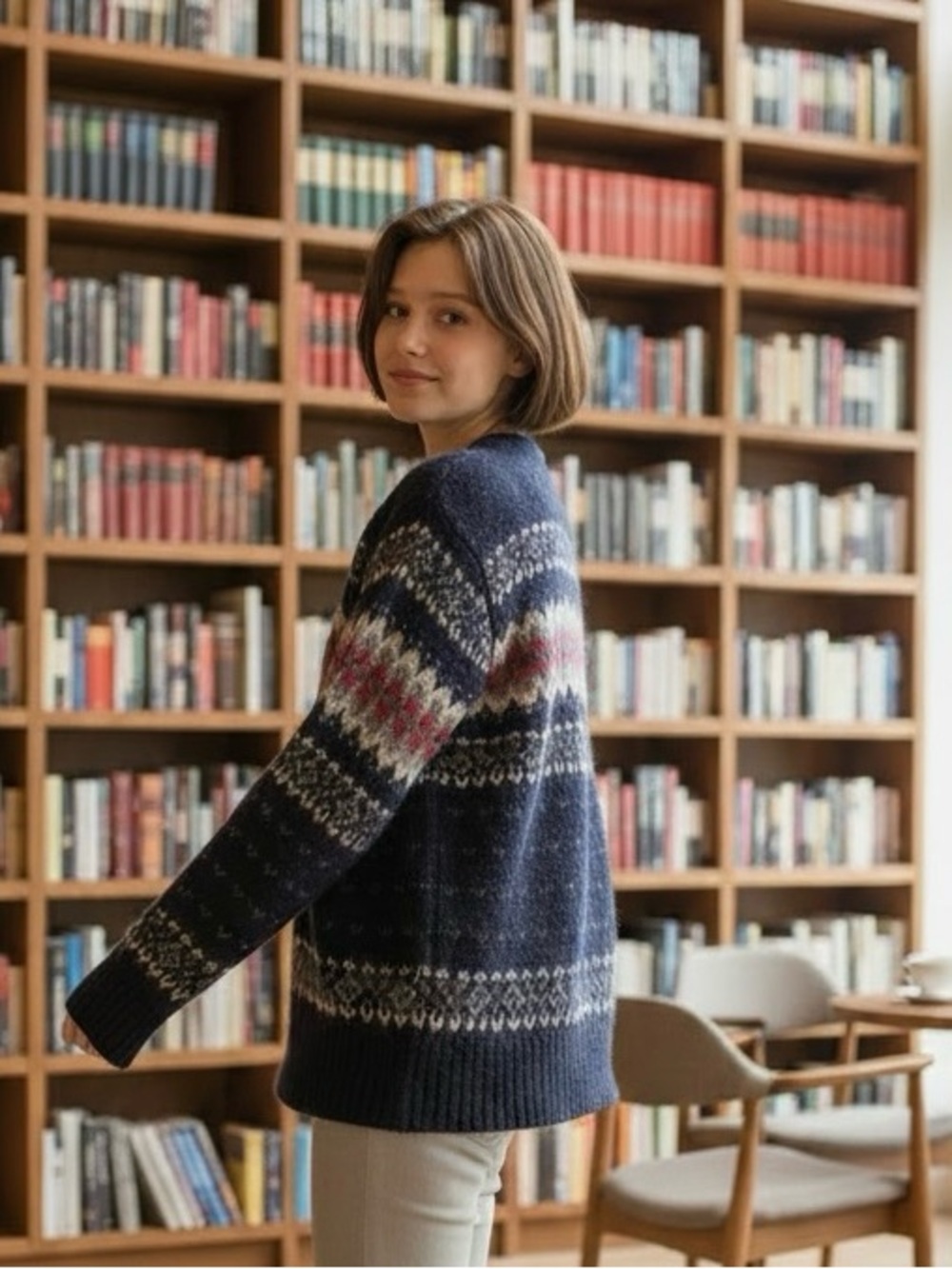 ALPS Navy Fair Isle Crewneck Sweater with Multicolor Yoke -Wool